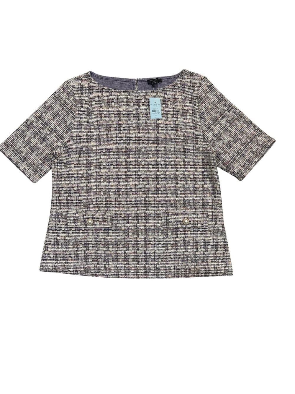Ann Taylor Petite Tweed Knit Top Short Sleeve Pearl Pocket Gray MP NWT - Picture 5 of 8